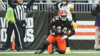 Cleveland Browns tight end Harold Fannin Jr. (44) catches the ball for a touchdown in the first quarter against the Pittsburgh Steelers at Huntington Bank Field