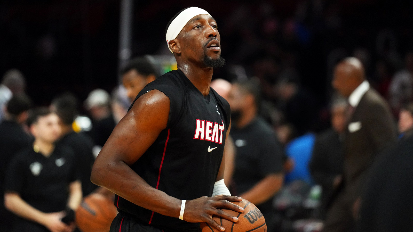 Heat center Bam Adebayo (13) warms-up before a game against the Atlanta Hawks at Kaseya Center