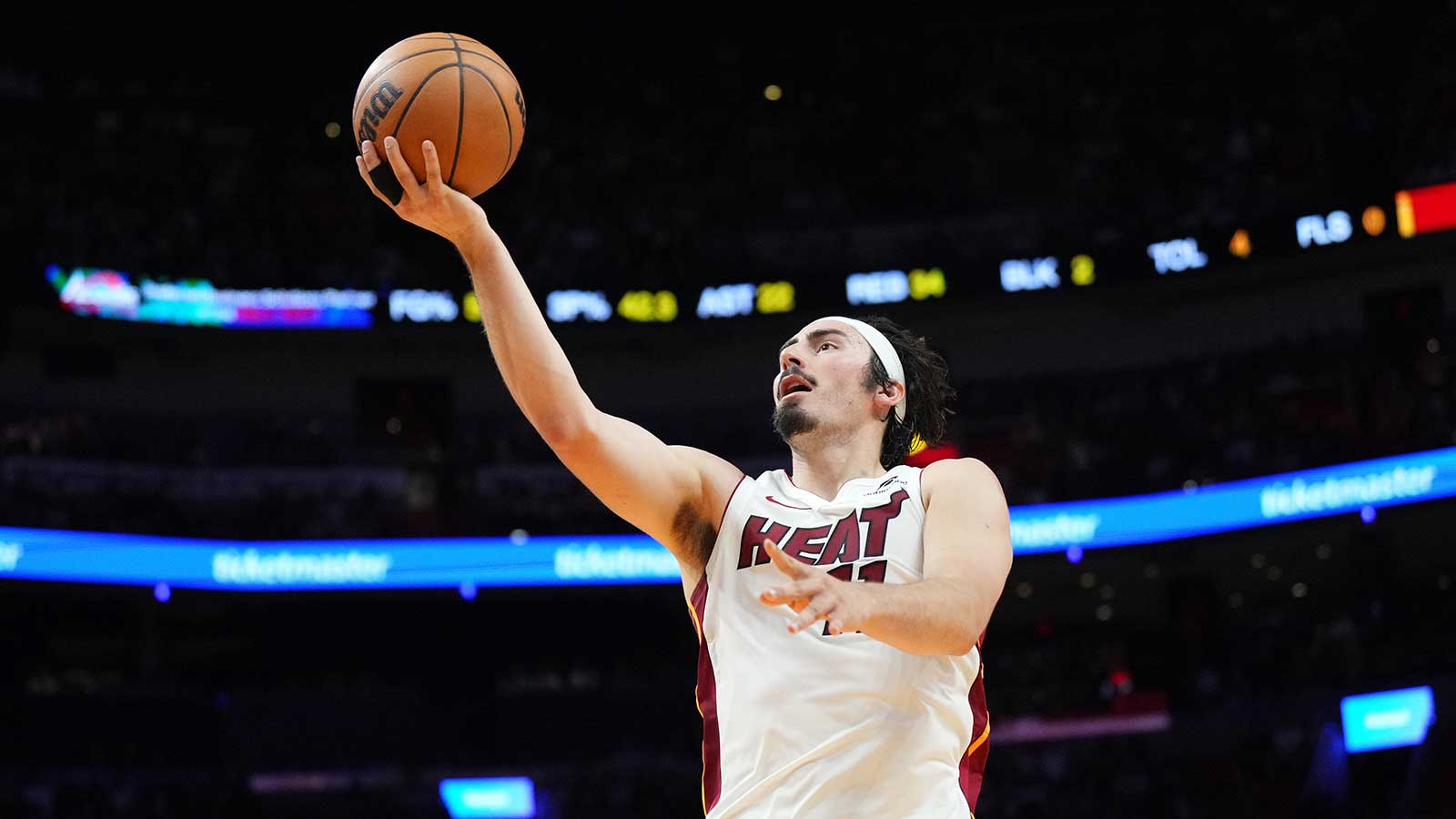 Miami Heat forward Jaime Jaquez Jr. (11) shoots against the Atlanta Hawks during the second half at Kaseya Center.
