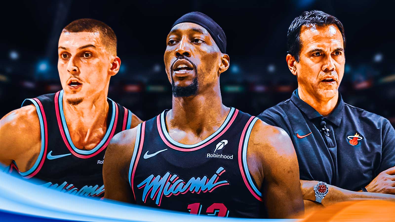 Miami Heat star Bam Adebayo in the center with Tyler Herro and Erik Spoelstra on either side in front of Kaseya Center.