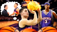 Phoenix Suns guard Collin Gillespie shooting a ball of fire, with Quentin Richardson in a Phoenix Suns jersey next to him, smiling. There's also a thought bubble of Gillespie and Phoenix Suns head coach over Gillespie's head
