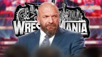 WWE COO Paul Triple H Levesque and WrestleMania 42 logo with Allegiant Stadium background.