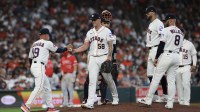 Houston Astros manager Joe Espada (19) pulls starting pitcher Hunter Brown (58) in the fifth inning against the Los Angeles Angels at Daikin Park