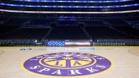 The LA Sparks logo at midcourt at Crypto.com Arena.