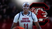 South Carolina women’s basketball player Madina Okot. Have the South Carolina logo in the background, March Madness