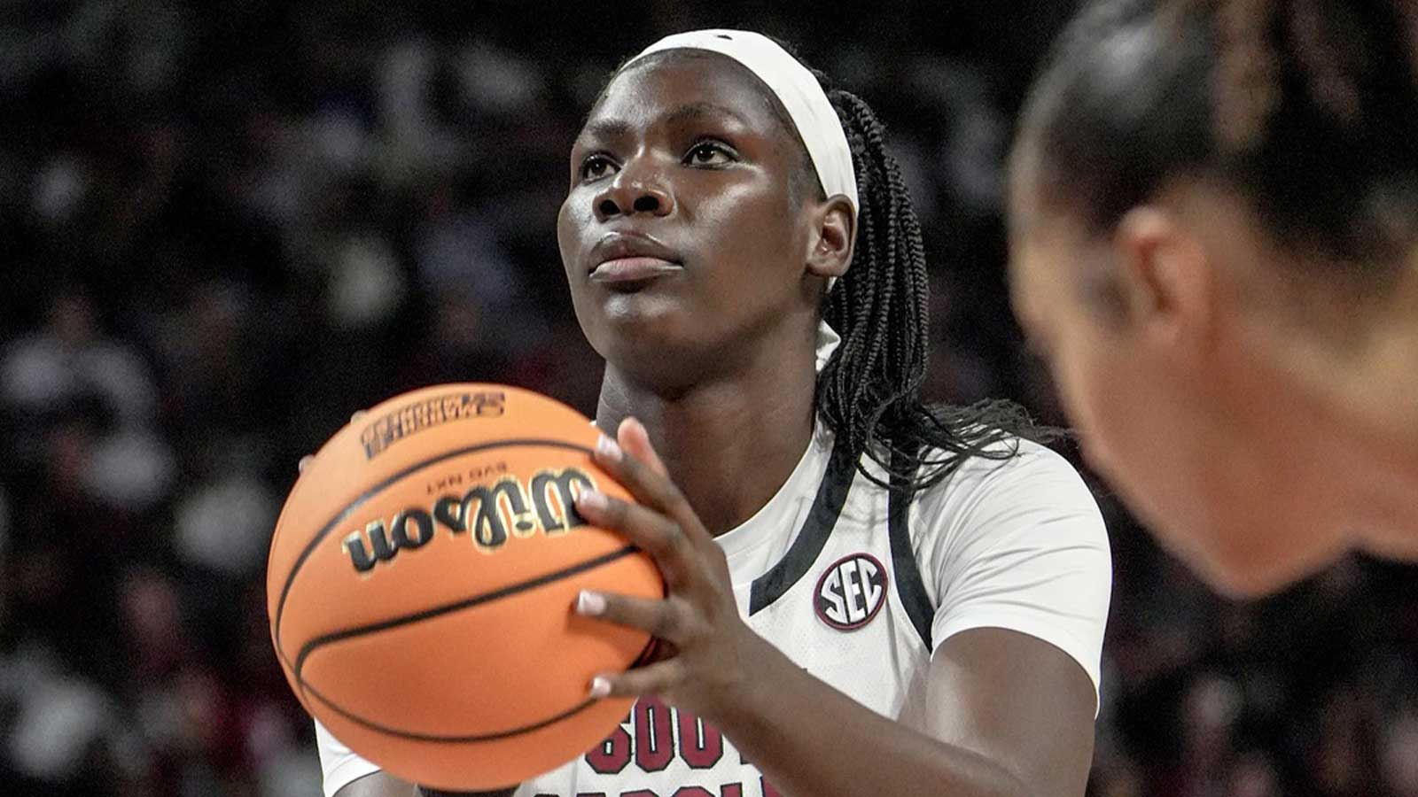 South Carolina center Madina Okot (11) makes a free throw against University of Southern California Monday, March 23, 2026, during the first quarter NCAA Women's Basketball Tournament at Colonial Life Arena in Columbia, South Carolina.