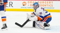 New York Islanders goaltender Ilya Sorokin (30) watches the shot against the Carolina Hurricanes during the third period at Lenovo Center.