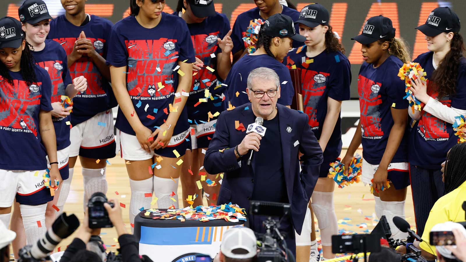 UConn Huskies head coach Geno Auriemma speaks after the UConn Huskies are awarded the Fort Worth Regional trophy following their win against the Notre Dame Fighting Irish at Dickies Arena.