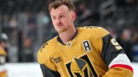 Vegas Golden Knights center Jack Eichel (9) warms up before a game against the Edmonton Oilers at T-Mobile Arena.