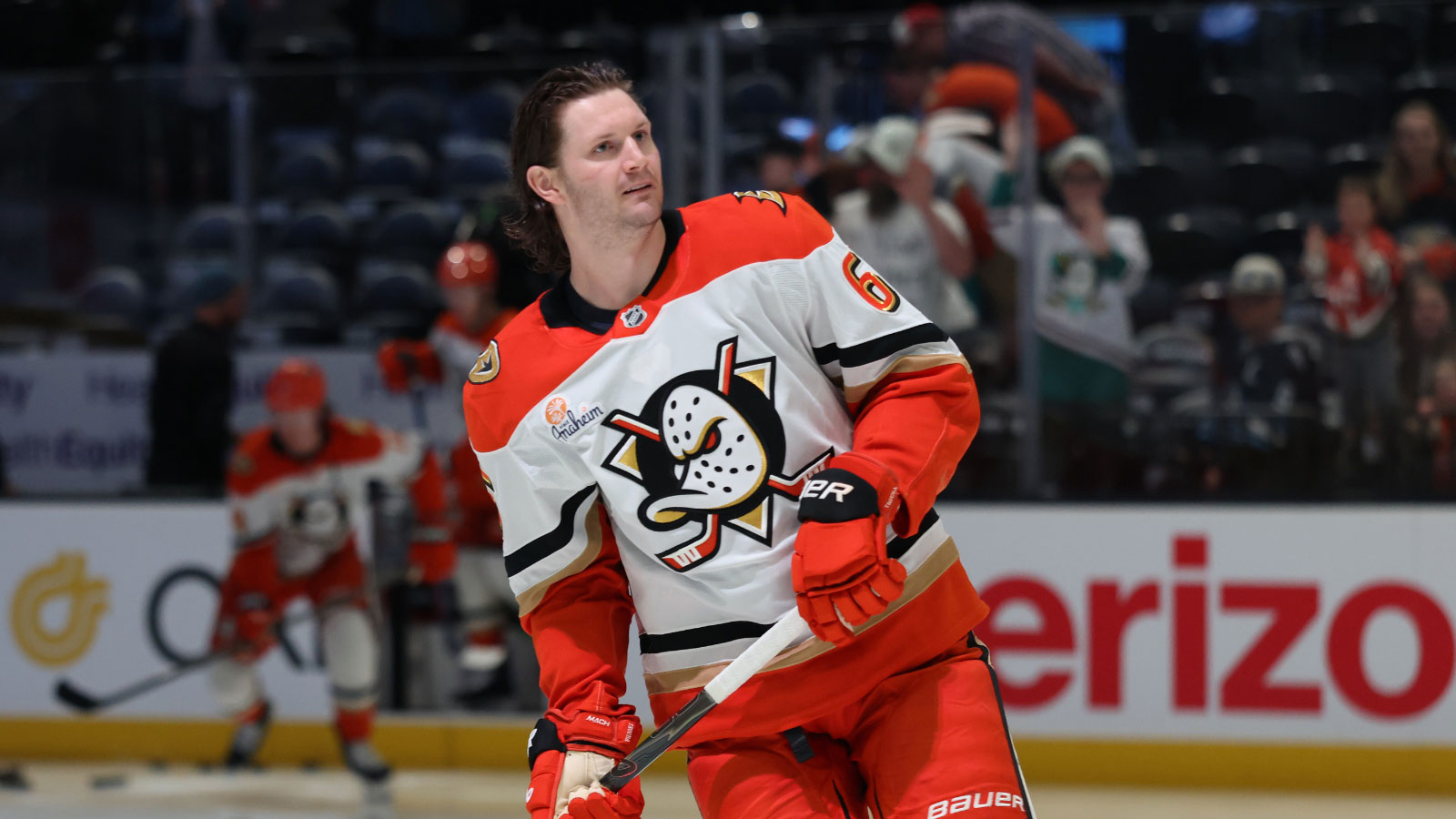 Anaheim Ducks defenseman Jacob Trouba (65) warms up before a game against the Utah Mammoth at Delta Center. 