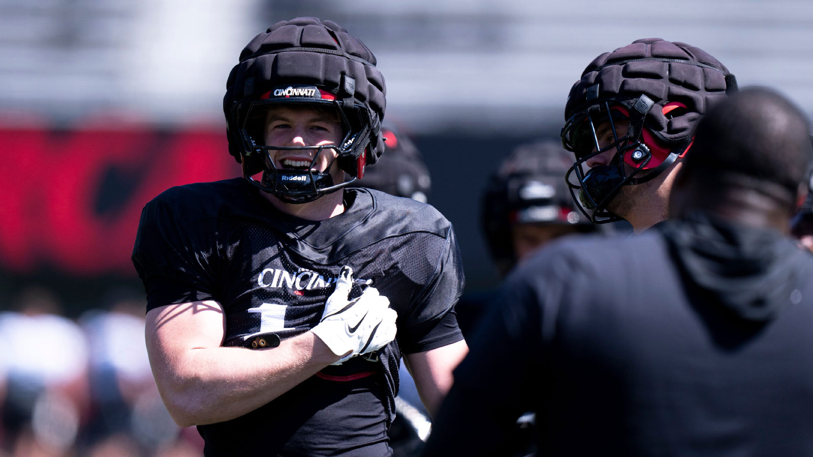 Cincinnati Bearcats linebacker Jake Golday (11) smiles during the Cincinnati Bearcats football spring practice at Nippert Stadium on Saturday, April 12, 2025.