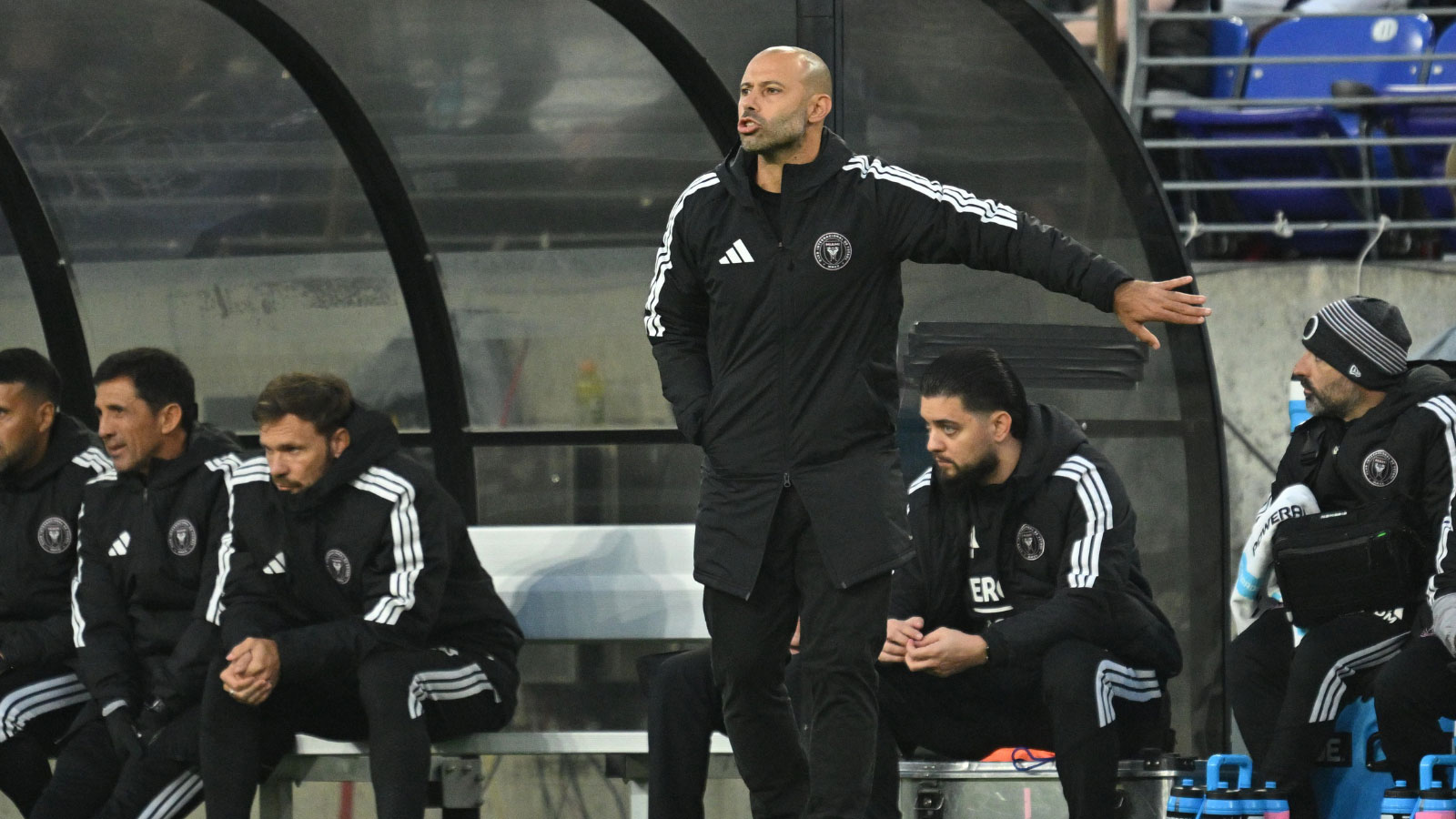 Inter Miami CF head coach Javier Mascherano gives instruction to his team in the second half against DC United at M&T Bank Stadium.