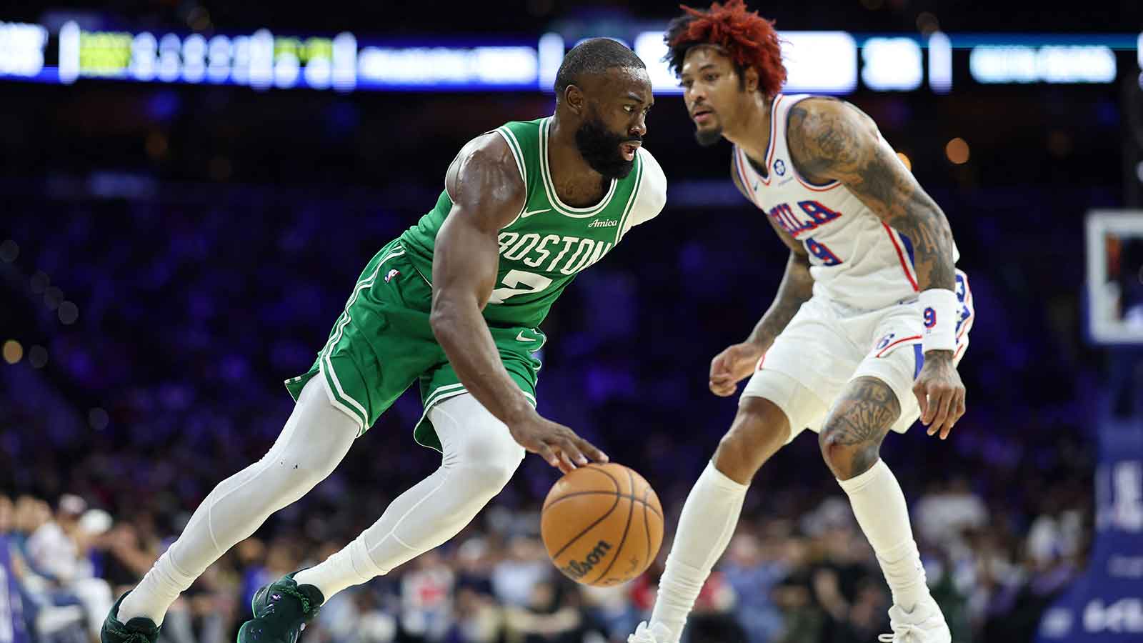 Boston Celtics guard Jaylen Brown (7) drives against Philadelphia 76ers guard Kelly Oubre Jr. (9) during the second quarter at Xfinity Mobile Arena.