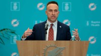 Miami Dolphins head coach Jeff Hafley speaks to reporters during his introductory press conference at Baptist Health Training Complex.