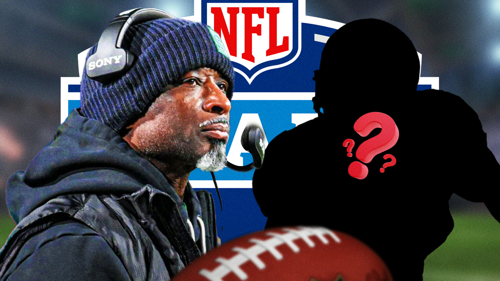 Jets head coach Aaron Glenn with a silhouette of an American football player with a big question mark emoji inside. There is also an NFL Draft logo in the background.