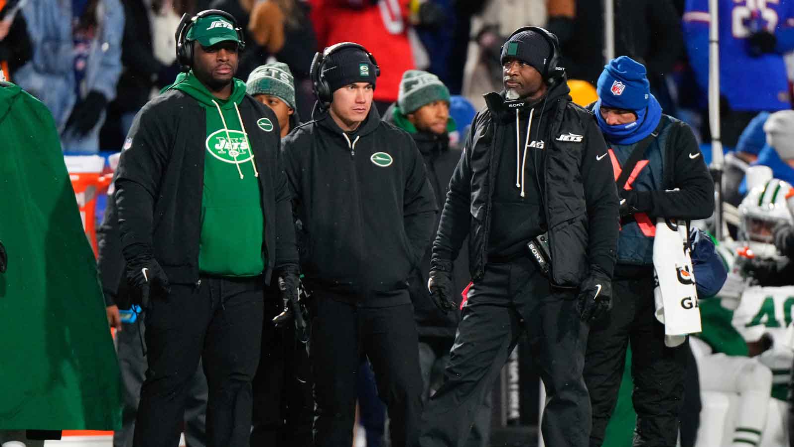 New York Jets head coach Aaron Glenn looks on during the first half against the Buffalo Bills at Highmark Stadium.