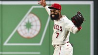 Los Angeles Angels right fielder Jo Adell (7) reacts after making a catch against the Seattle Mariners during the ninth inning at Angel Stadium