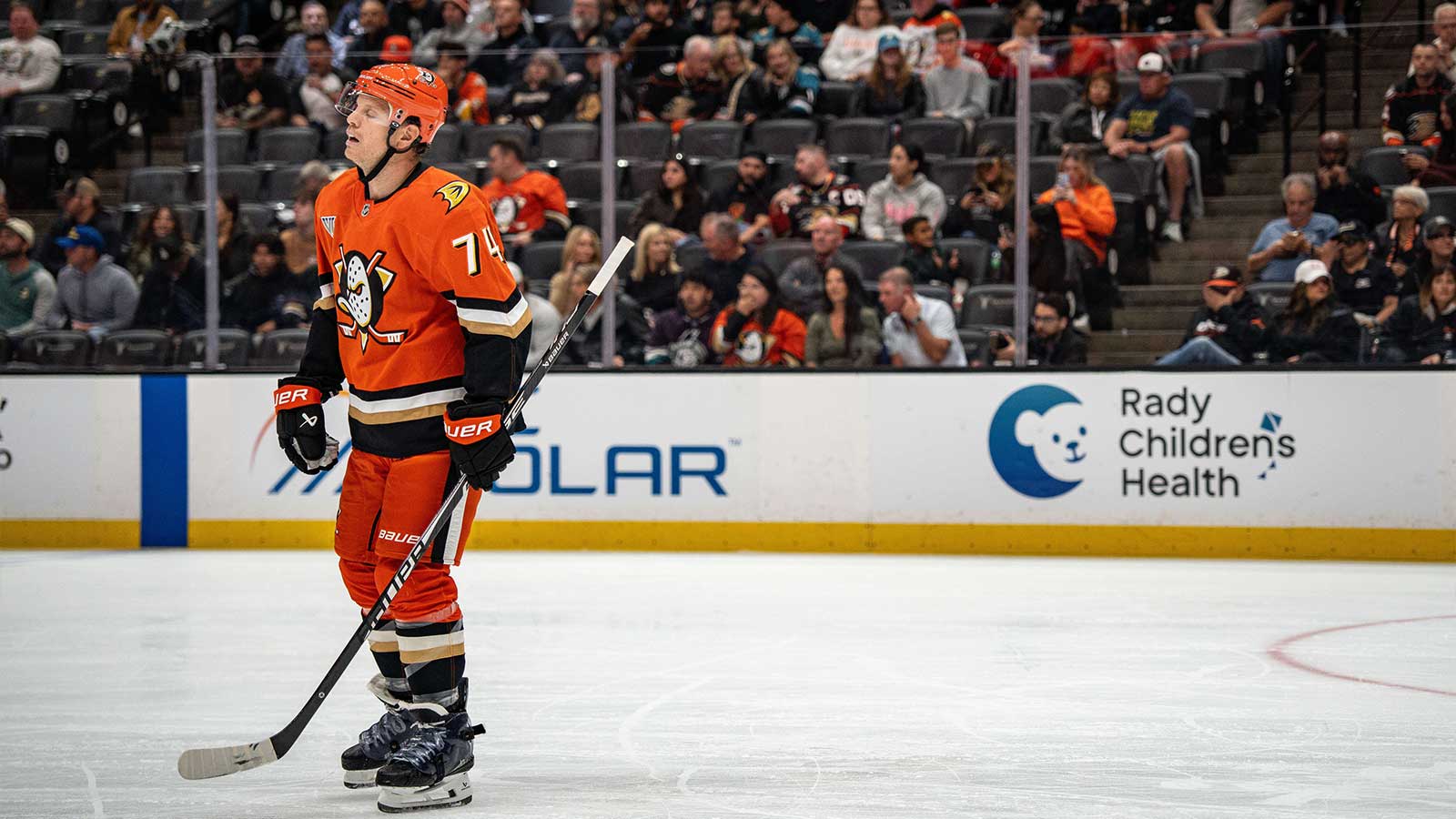 Anaheim Ducks defenseman John Carlson (74) during the first period against the Calgary Flames at Honda Center.