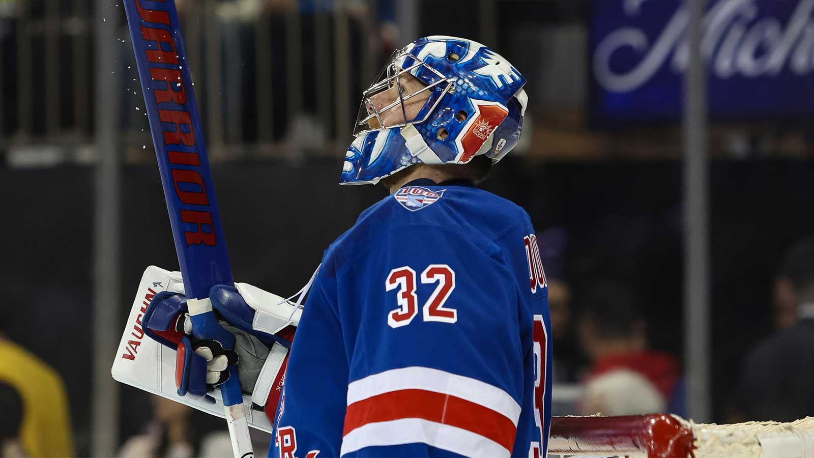 New York Rangers goalie Jonathan Quick (32) looks up at the scoreboard during the third period against the Detroit Red Wings at Madison Square Garden.