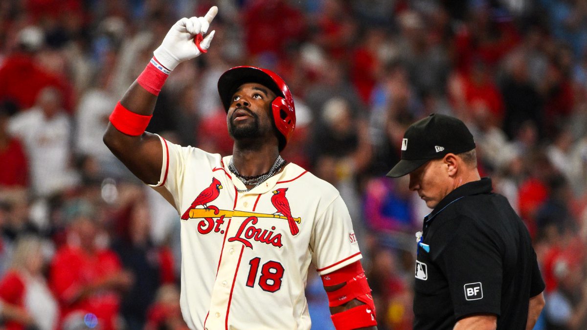 St. Louis Cardinals right fielder Jordan Walker (18) reacts after hitting a solo home run against the Boston Red Sox during the eighth inning at Busch Stadium.