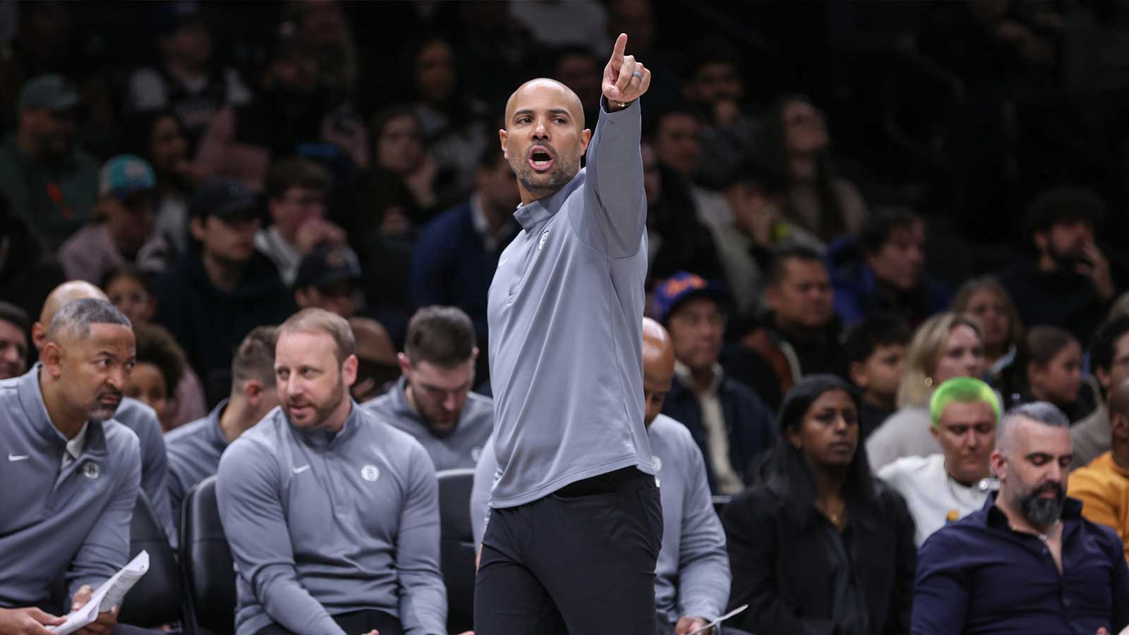 Brooklyn Nets head coach Jordi Fernandez yells out instructions in the third quarter against the Cleveland Cavaliers at Barclays Center.