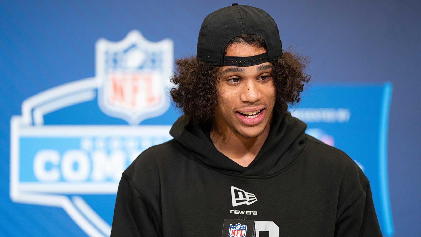 Arizona State wideout Jordyn Tyson (WO40) speaks to members of the media during the NFL Combine at the Indiana Convention Center.