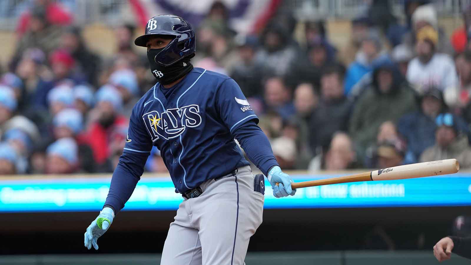 Tampa Bay Rays third baseman Junior Caminero (13) hits a double during the first inning against the Minnesota Twins at Target Field.