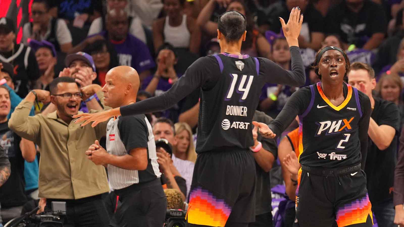 Phoenix Mercury guard Kahleah Copper (2) celebrates a basket against the Las Vegas Aces during the first half of game four of the 2025 WNBA Finals at Mortgage Matchup Center.