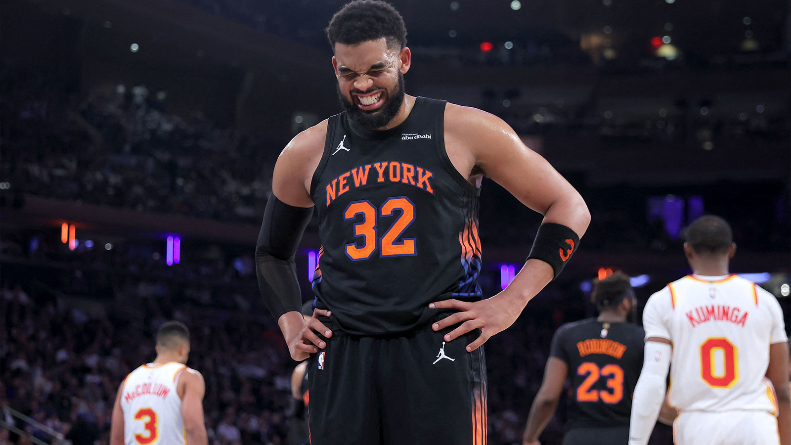 New York Knicks center Karl-Anthony Towns (32) reacts during the third quarter of game two of the first round of the 2026 NBA Playoffs against the Atlanta Hawks at Madison Square Garden. 
