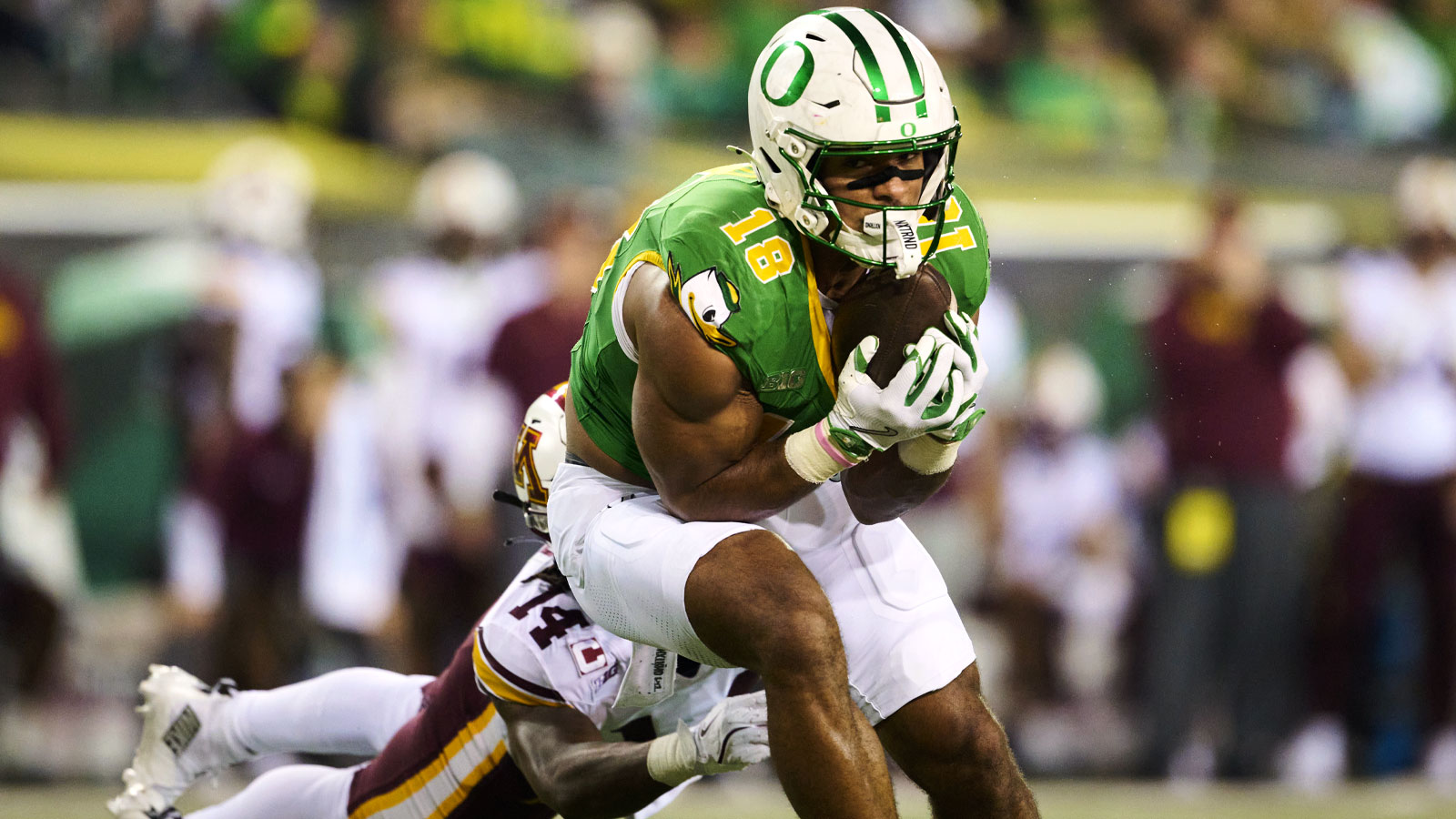 Oregon Ducks tight end Kenyon Sadiq (18) catches a pass during the first half against Minnesota Golden Gophers defensive back Kerry Brown (14) at Autzen Stadium. 