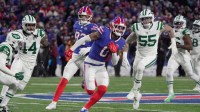 Buffalo Bills wide receiver Keon Coleman gets about seven extra yards on the play after catching a pass in the Bills home game aginst the Jets at Highmark Stadium in Orchard Park on Jan. 4, 2026.