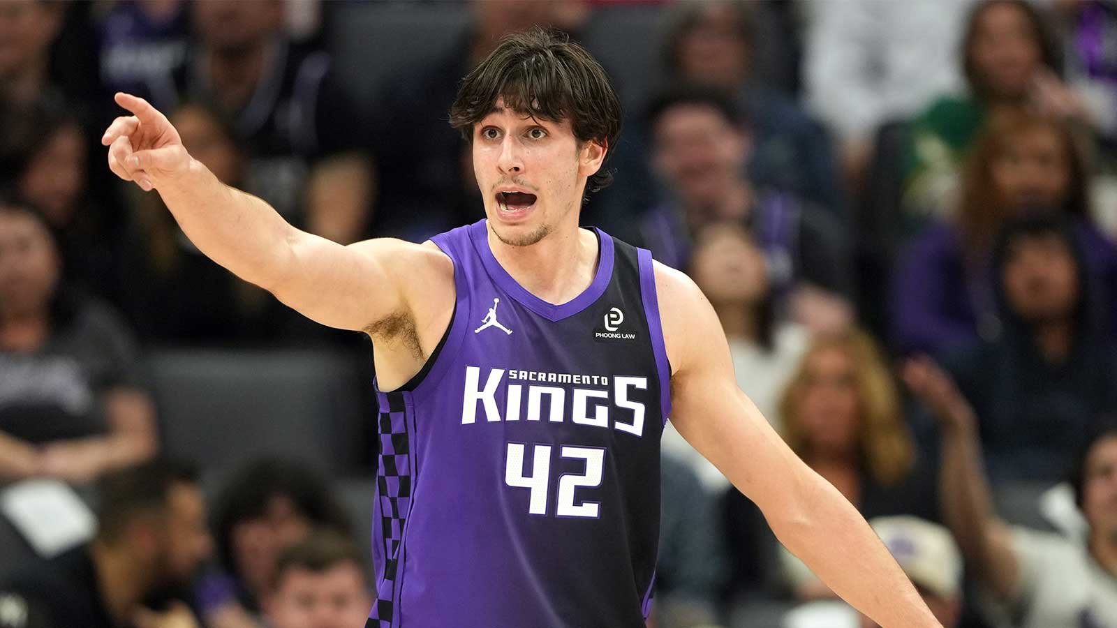 Sacramento Kings center Maxime Raynaud (42) gestures after scoring against the New Orleans Pelicans during the second quarter at Golden 1 Center.