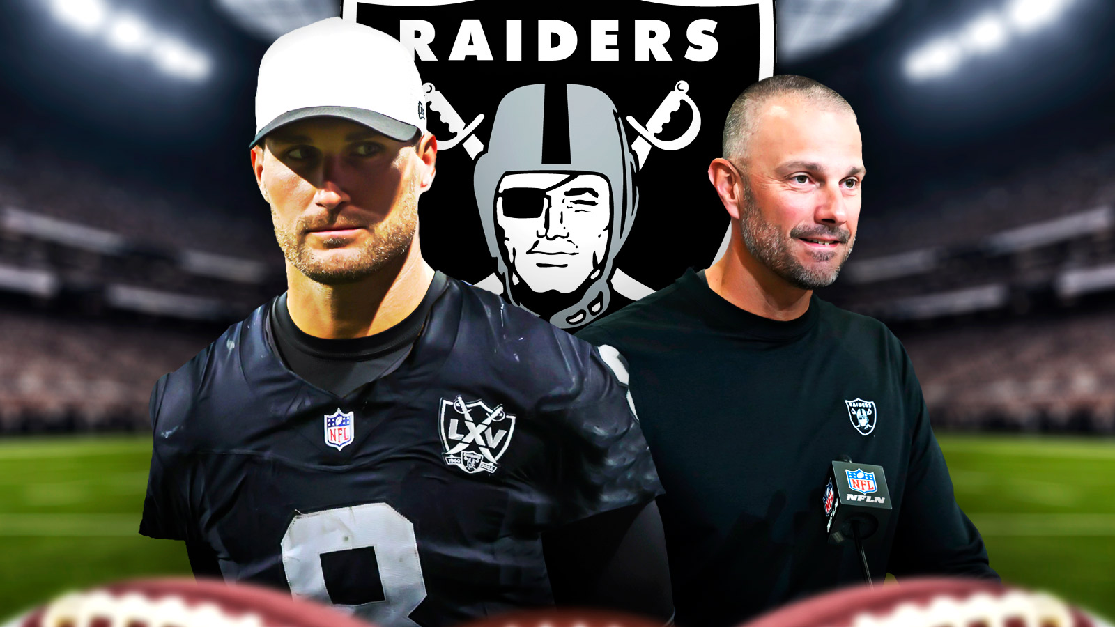 Kirk Cousins in a #8 Raiders jersey with Raiders GM John Spytek. Las Vegas Raiders logo in background