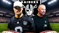 Kirk Cousins in a #8 Raiders jersey with Raiders GM John Spytek. Las Vegas Raiders logo in background