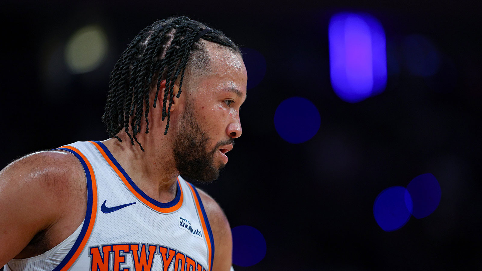 Knicks guard Jalen Brunson (11) reacts during the second half of the 2026 NBA Playoffs against the Atlanta Hawks at Madison Square Garden