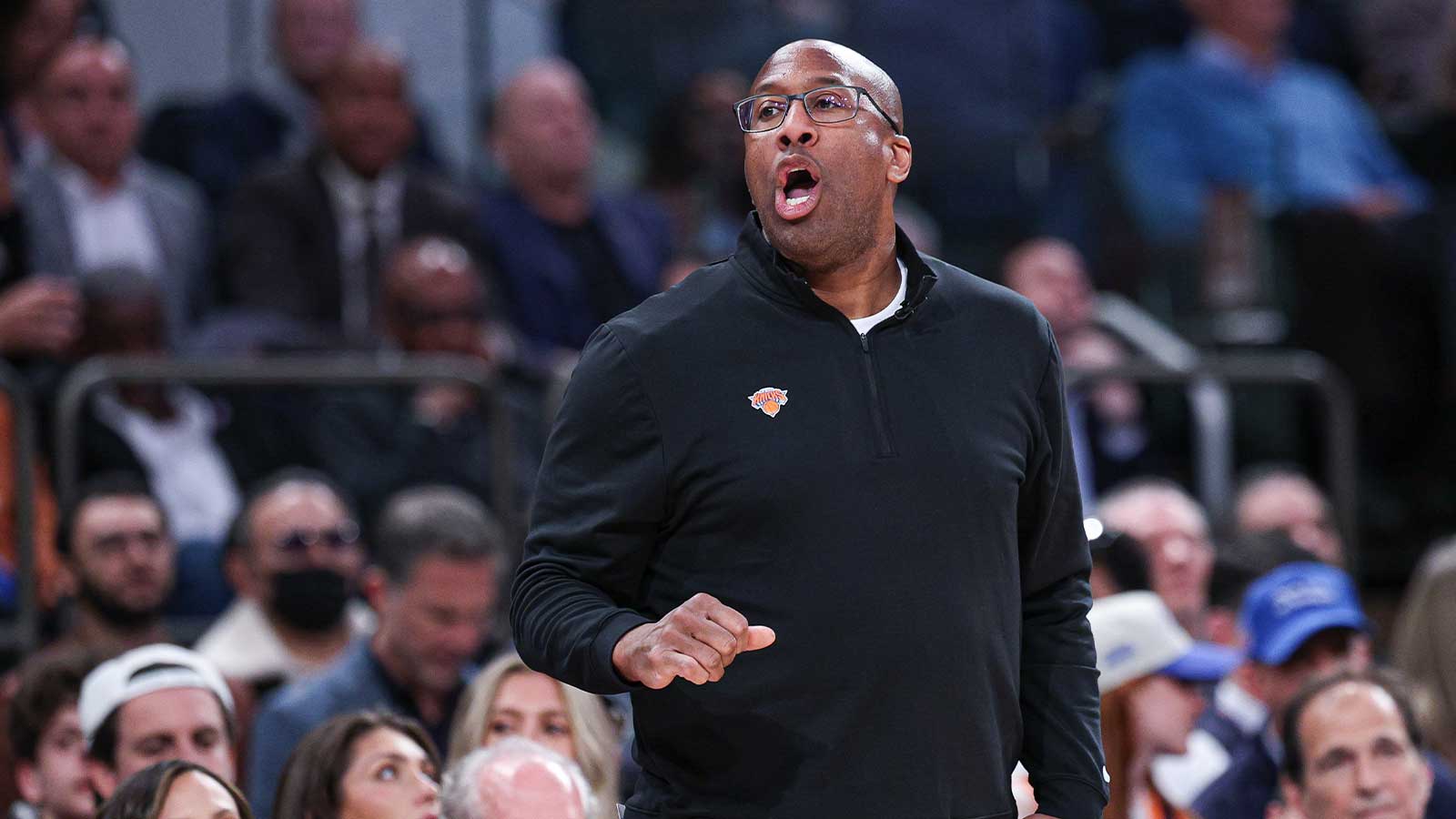 Knicks head coach Mike Brown reacts during the second half of the 2026 NBA Playoffs against the Atlanta Hawks at Madison Square Garden