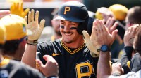 Mar 1, 2026; Jupiter, Florida, USA; Pittsburgh Pirates shortstop Konnor Griffin (75) celebrates after hitting a two-run home run against the St. Louis Cardinals during the first inning at Roger Dean Chevrolet Stadium.