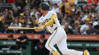 Pittsburgh Pirates shortstop Konnor Griffin (6) hits an RBI double in his first major league at bat against the Baltimore Orioles during the second inning at PNC Park.