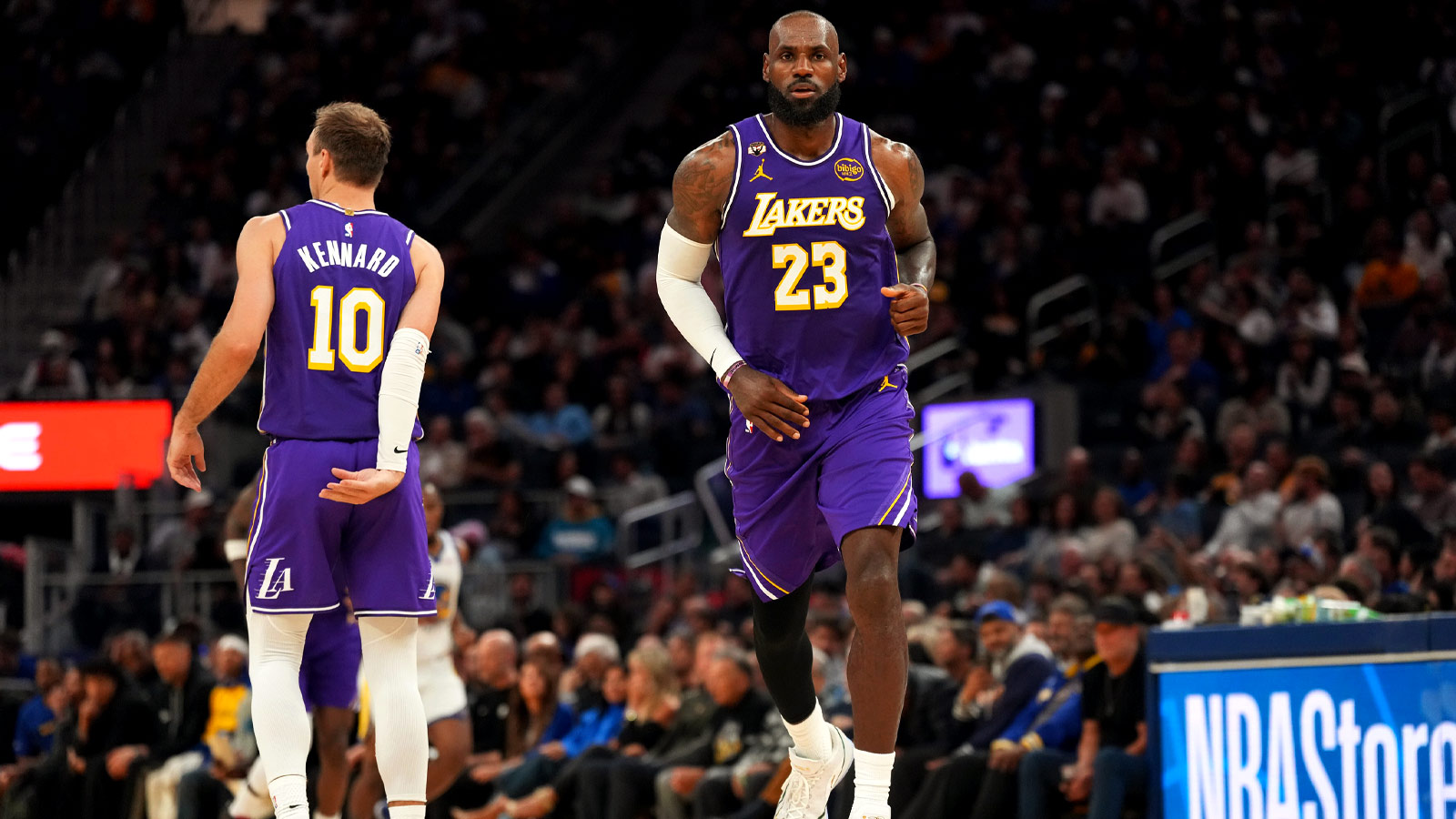 Lakers forward LeBron James (23) runs on the court against the Golden State Warriors in the fourth quarter at the Chase Center