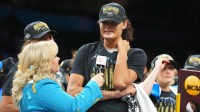 ESPN reporter Holly Rowe talks with UCLA Bruins center Lauren Betts (51) on the podium after defeating the South Carolina Gamecocks during the National Championship game of the women's 2026 NCAA Tournament at Mortgage Matchup Center.