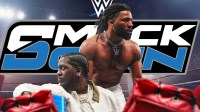 Lil Yachty and Trick Williams with WWE Friday Night SmackDown logo behind them.