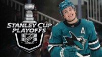 Macklin Celebrini and Stanley Cup Playoffs logo