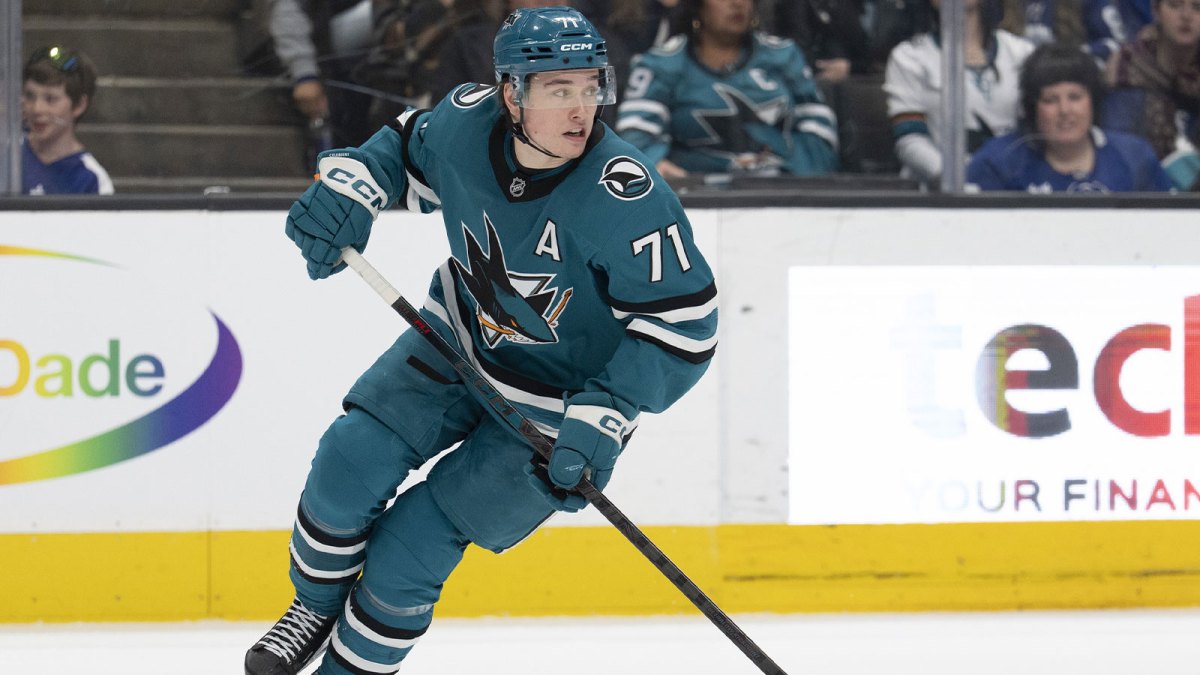 San Jose Sharks center Macklin Celebrini (71) controls the puck during the third period against the Toronto Maple Leafs at SAP Center at San Jose.