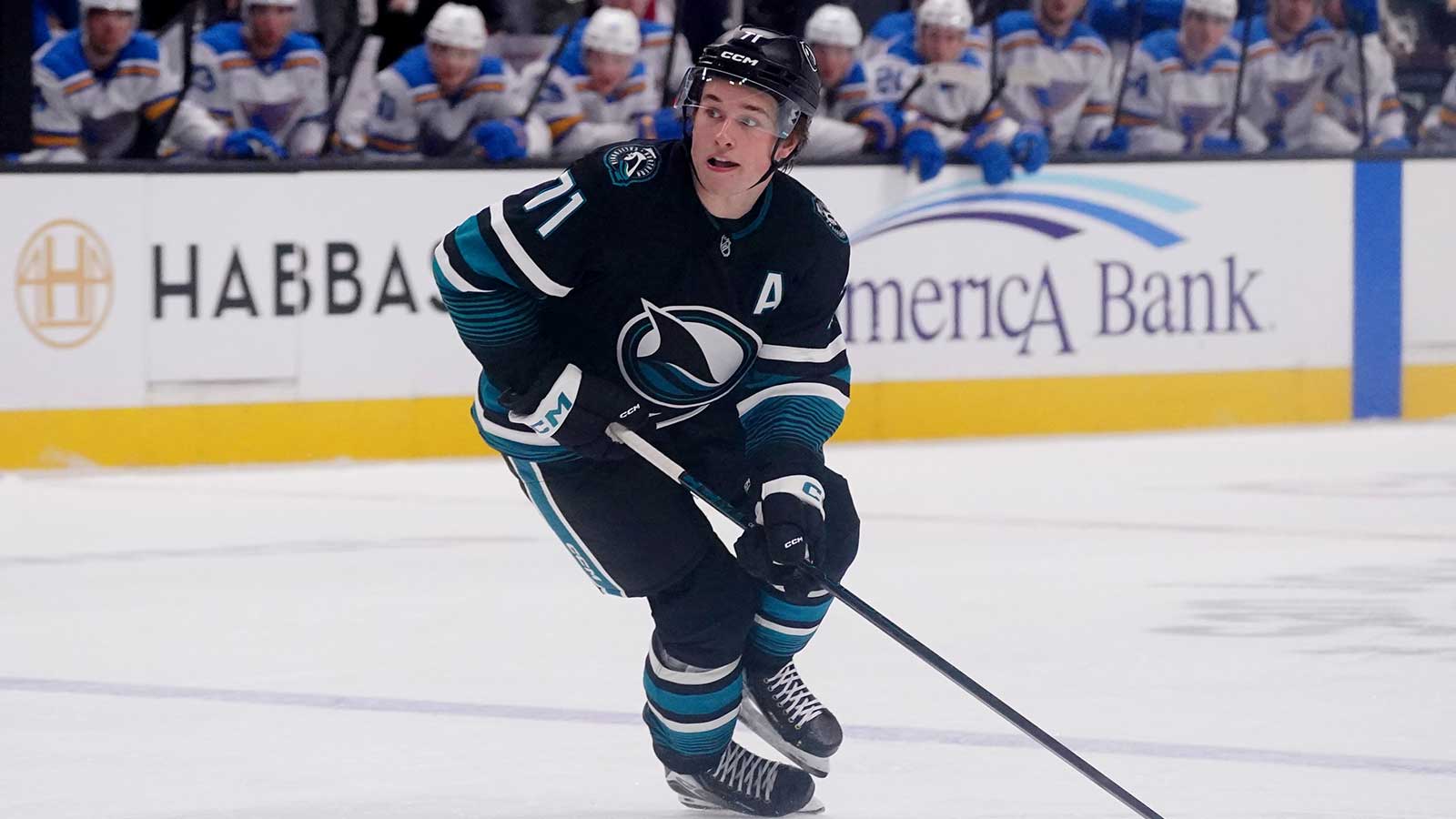 San Jose Sharks center Macklin Celebrini (71) controls the puck in the second period against the St. Louis Blues at SAP Center at San Jose. 