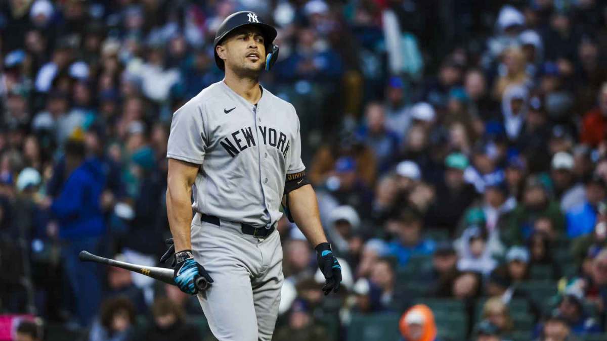 New York Yankees designated hitter Giancarlo Stanton (27) reacts following a strikeout against the Seattle Mariners during the second inning at T-Mobile Park. Mandatory Credit: Joe Nicholson-Imagn Images