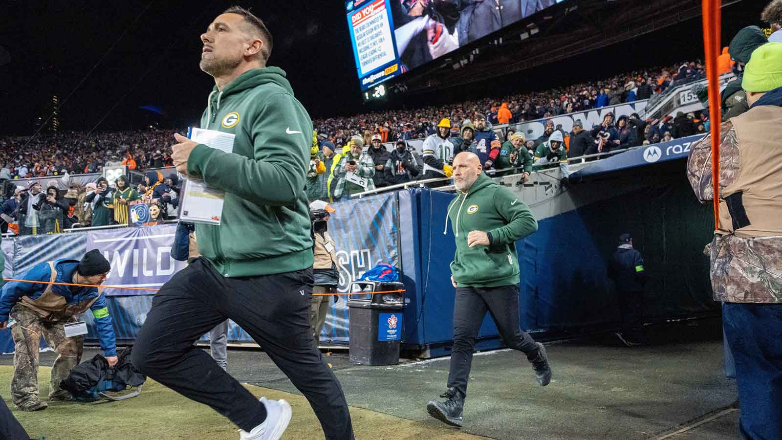 Green Bay Packers head coach Matt Lafleur runs on to the field before their wild card playoff game Saturday, January 10, 2026 at Soldier Field in Chicago, Illinois. The Chicago Bears beat the Green Bay Packers 31-27