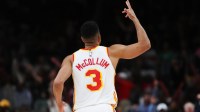 Atlanta Hawks guard CJ McCollum (3) reacts against the Boston Celtics in the second half at State Farm Arena.