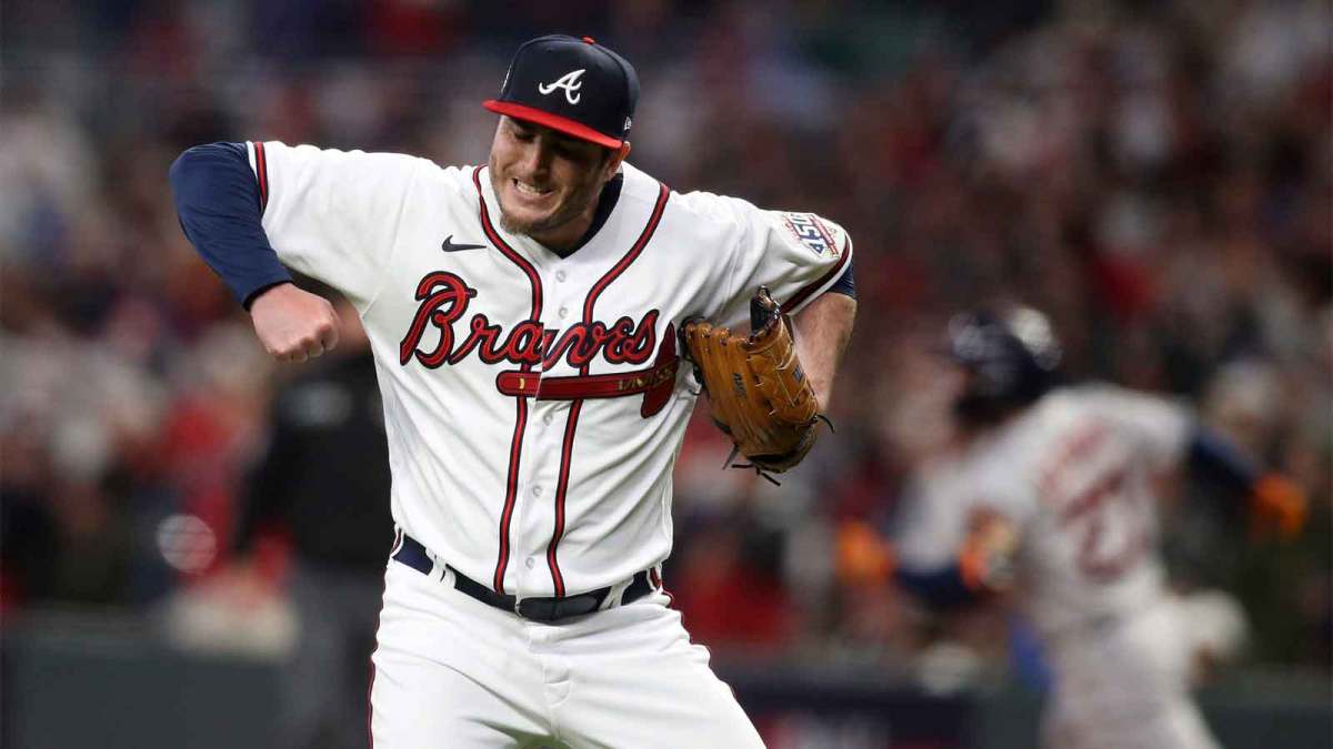 Atlanta Braves relief pitcher Luke Jackson (77) reacts to the third out of the eighth inning of game four of the 2021 World Series against the Houston Astros at Truist Park.