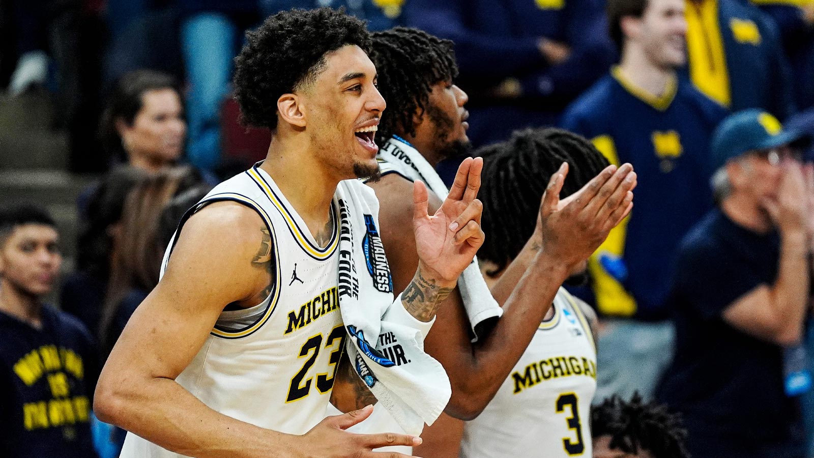 Michigan forward Yaxel Lendeborg (23) celebrates a play against Tennessee during the second half of NCAA Tournament Elite 8 round at United Center in Chicago on Sunday, March 29, 2026.