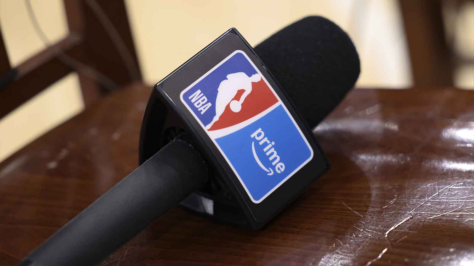 General view of a microphone for NBA on Prime Video before a game between the Houston Rockets and the Golden State Warriors at Toyota Center.
